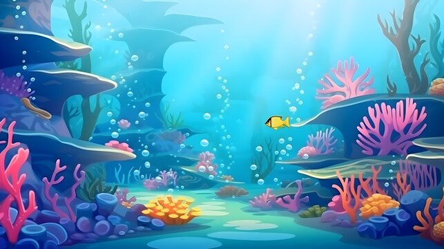 Vibrant underwater cartoon scene, colorful coral reef, marine life, adventure, fantasy, illustration