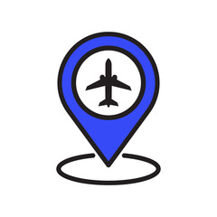 Airplane in location pin symbol. Plane, aircraft icon or sign concept. Placeholder and flight icon. Airport location icon