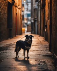 A black dog stands on a paved street in an urban alleyway surrounded by buildings.