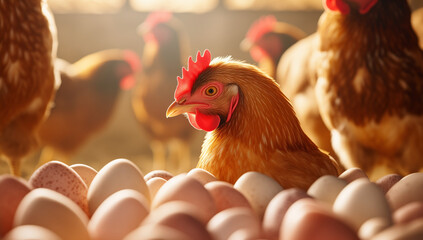 Chickens and eggs on the traditional free-range poultry farm
