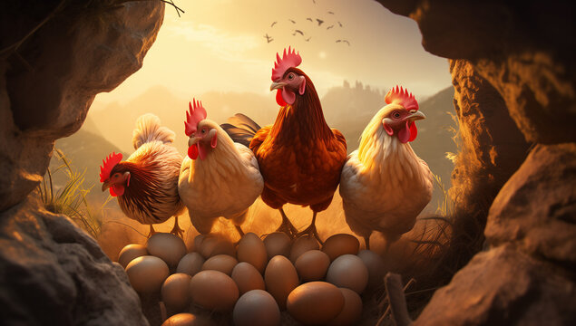 Chickens and eggs on the traditional free-range poultry farm, humor photo
