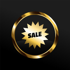 SALE Vip label with round golden ring frame shield sparks and stars on black background. Dark glossy Sheild premium template. Vector design element luxury illustration gold 