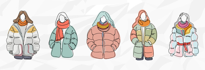 Frauen in bunten Daunenjacken - Vektorgrafik-Bundle mit Lineart-Zeichnungen © Nico Ladewig