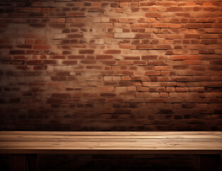 Empty wooden deck table on the vintage brown brick wall background. Backdrop for mockup and promotion design