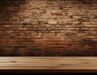 Empty wooden deck table on the vintage brown brick wall background. Backdrop for mockup and promotion design