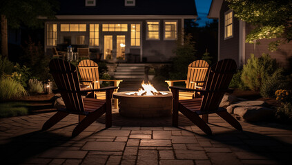Wooden Lounge Chairs Surrounding a Cozy Fire Pit in a Backyard Retreat. Embrace Nature's Warmth and Relaxation. Outdoor Living Space with Inviting Seating and Natural Ambiance for Leisure
