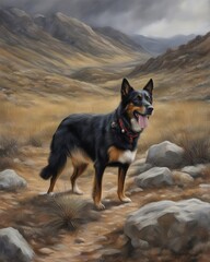 Black dog with red collar standing on rocky road in mountains