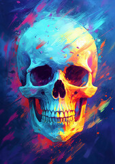 colorful skull painting with a blue background, generative ai 