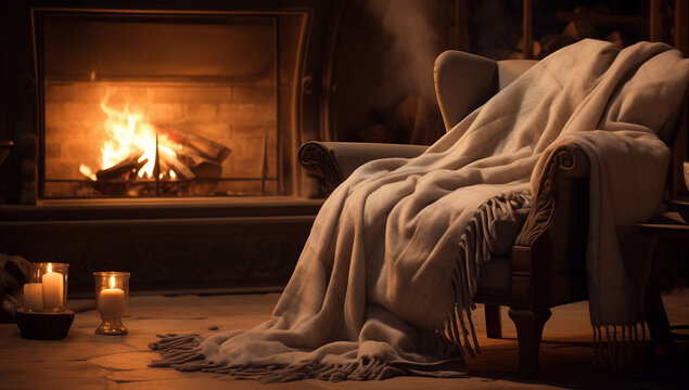 Close-up of a chair with a knitted blanket by the fireplace. Warm and cozy winter atmosphere. Interior design of a modern living room