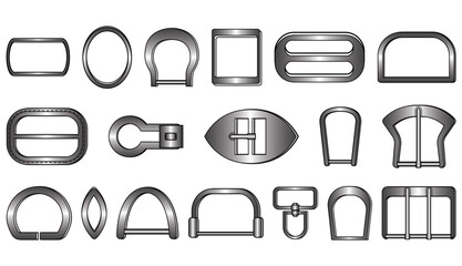 D ring and Belt buckle flat sketch vector illustration set, different types belt with Frame buckle, berg buckle and ring buckles accessories for belt, jewellery, dress fasteners and Clothing belt