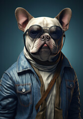 dog is dressed in jeans and a jacket with glasses, generative ai 