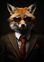 Obraz premium fox in a suit, wearing dark glasses, looks very fashionable, generative ai
