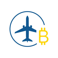 Bitcoin payment icon. Buy, pay with bitcoin icon. Plane, flight, jet, airplane, airport and bitcoin vector icon. Icons for airport, web