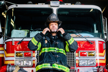 USA, New York,Portrait of firefighter putting on helmet in front of fire engine