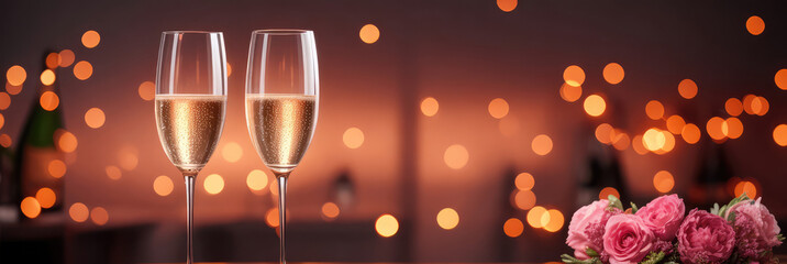 Two glasses of champagne and red rose on the background of blurry glow background. Concept of celebration, anniversary, Christmas, proposal, valentine's day. Copy space for text, advertising, message
