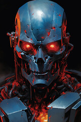 red and blue painted robot with glowing red eyes, generative ai 
