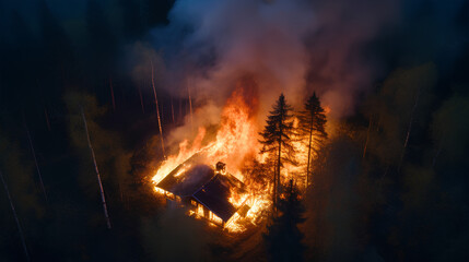 House burning in the middle of the forest because of forest fire, natural disaster concept, intense forest fire