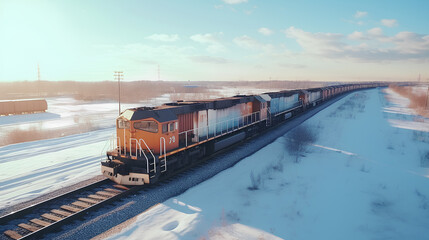 Aerial photography, freight train in the countryside, train freight concept. - obrazy, fototapety, plakaty