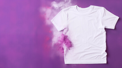 Mockup of a white t shirt isolated on purple canvas with colorful holi powder surrounded. Generative AI - obrazy, fototapety, plakaty