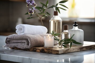Fototapeta na wymiar Toiletries soap towel on blurred white bathroom spa background, generative ai