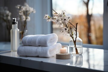 Toiletries soap towel on blurred white bathroom spa background, generative ai - 686810363