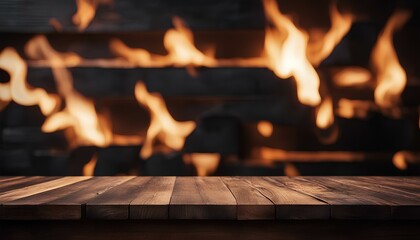 Fiery Background with Empty Black Wooden Table
