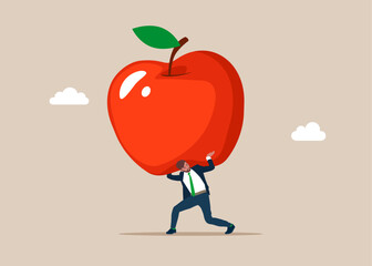 Businessman carrying huge fruit apple. Modern vector illustration in flat style