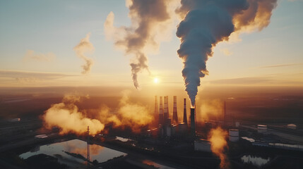 Large industrial plants that emit toxic fumes contribute to global warming and climate change. - obrazy, fototapety, plakaty
