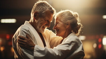Dynamic photo of a senior couple in an Judo sparring in traditional Judo costumes, in a Japanese-style hall