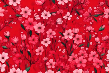 A charming scene featuring cute pink flowers set against a vibrant red background. 