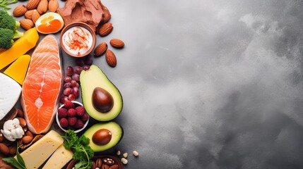 A selection of foods for a ketogenic low-carb diet on a white background. - obrazy, fototapety, plakaty