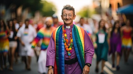 A gay priest dressed in pride clothing, participating in the celebration. - obrazy, fototapety, plakaty