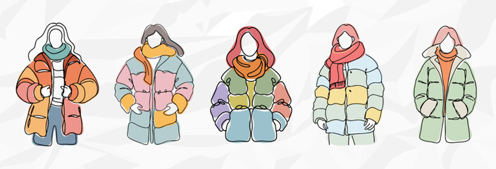 Frauen in bunten Daunenjacken - Vektorgrafik-Bundle mit Lineart-Zeichnungen © Nico Ladewig