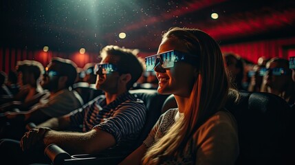 People at the cinema, watching a movie with 3D glasses.