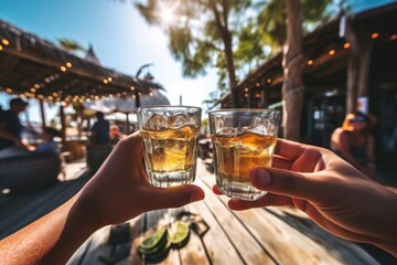 Shots of tequila in the hands of people relaxing in a bar on the beach. - obrazy, fototapety, plakaty