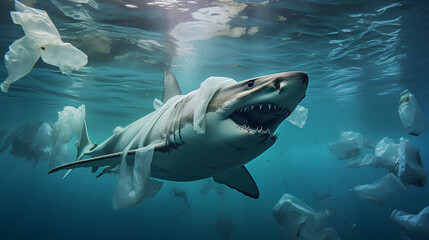 Underwater image of sharks and plastic waste in the ocean, problem concept of plastic waste.