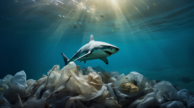 Underwater image of sharks and plastic waste in the ocean, problem concept of plastic waste.