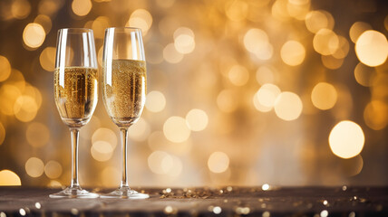 champagne bottle and glasses with golden bokeh background