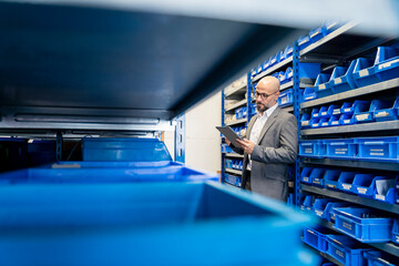 Businessman with tablet in factory storehouse