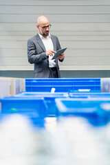 Businessman with tablet checking stock in factory