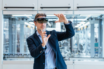 Businessman wearing AR glasses in a modern factory