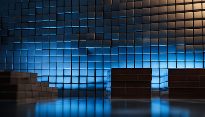 A brick wall covered in a grid of rectangular tiles lit blue, with round objects adding dimension to the intricate patterned texture. 