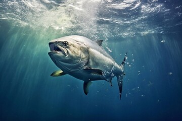 Yellowfin tuna swims in the blue ocean - obrazy, fototapety, plakaty