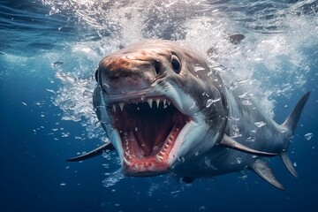 Great white shark in deep blue ocean with big teeth and open mouth - obrazy, fototapety, plakaty
