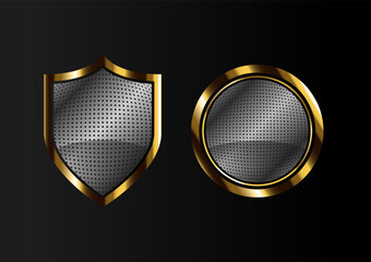 Vip label with round Silver and golden ring frame shield sparks on black background. Dark glossy Sheild premium template. Vector design element luxury illustration gold  - obrazy, fototapety, plakaty
