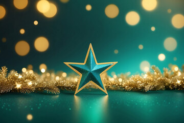 New Year's and Christmas Gold Green Star Background Web Banner. Teal Green and Golden Abstract Glitter Bokeh Background with Selective Focus.