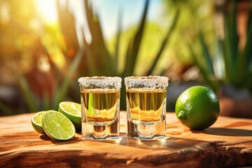 Shot of Mexican tequila among sand dunes and cacti. Green background.