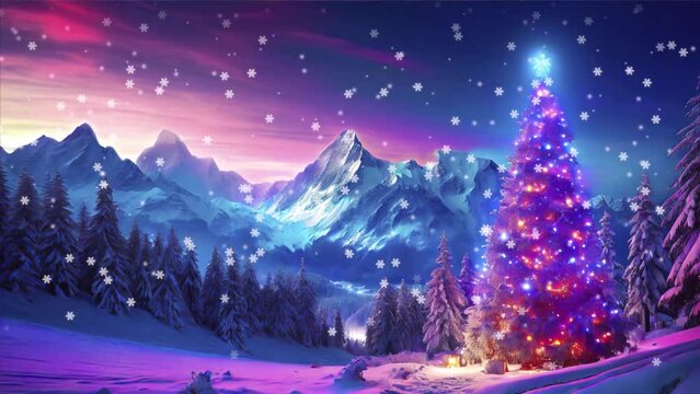 Christmas tree on hill in winter landscape during snowfall, artistic vision of Christmas scene with snowflakes 4k footage