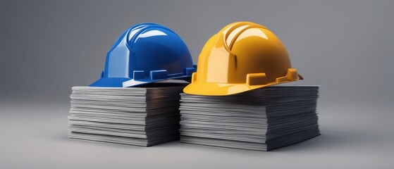 Two helmets on a stack of blueprints