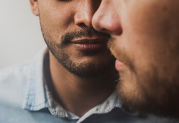 Portrait of gay male couple, mouths and beards